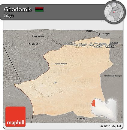 Satellite Panoramic Map of Ghadamis, darken, semi-desaturated
