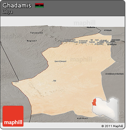 Satellite Panoramic Map of Ghadamis, darken, semi-desaturated