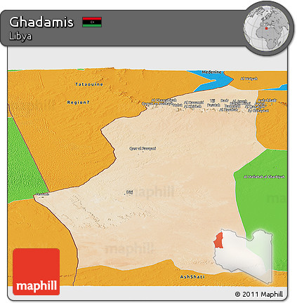 Satellite Panoramic Map of Ghadamis, political outside