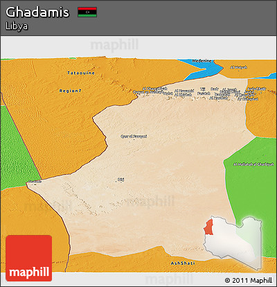 Satellite Panoramic Map of Ghadamis, political outside