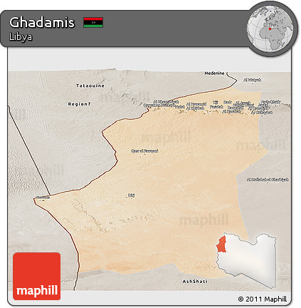 Satellite Panoramic Map of Ghadamis, semi-desaturated