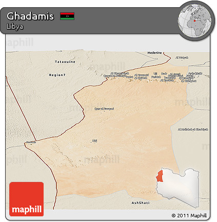 Satellite Panoramic Map of Ghadamis, shaded relief outside