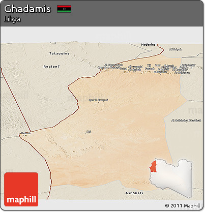 Satellite Panoramic Map of Ghadamis, shaded relief outside