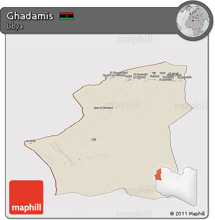 Shaded Relief Panoramic Map of Ghadamis, cropped outside