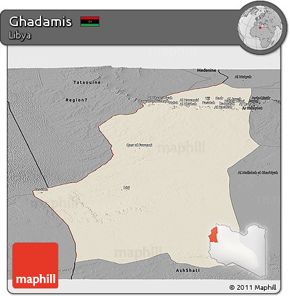 Shaded Relief Panoramic Map of Ghadamis, darken, desaturated