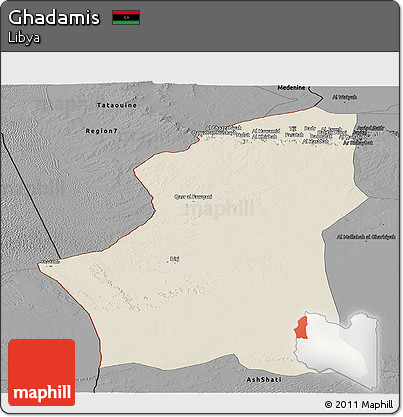 Shaded Relief Panoramic Map of Ghadamis, darken, desaturated