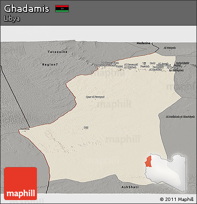 Shaded Relief Panoramic Map of Ghadamis, darken, semi-desaturated