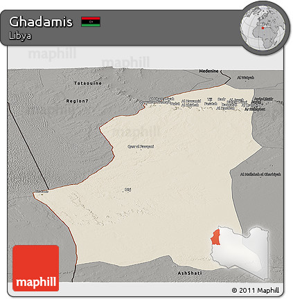 Shaded Relief Panoramic Map of Ghadamis, darken, semi-desaturated