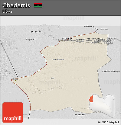 Shaded Relief Panoramic Map of Ghadamis, desaturated