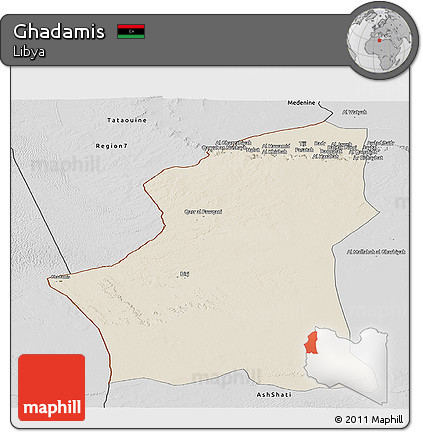 Shaded Relief Panoramic Map of Ghadamis, desaturated