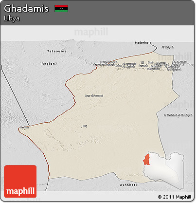 Shaded Relief Panoramic Map of Ghadamis, desaturated