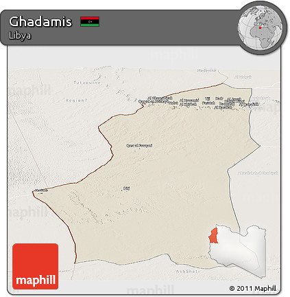 Shaded Relief Panoramic Map of Ghadamis, lighten