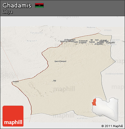 Shaded Relief Panoramic Map of Ghadamis, lighten