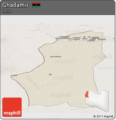 Shaded Relief Panoramic Map of Ghadamis, lighten