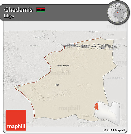 Shaded Relief Panoramic Map of Ghadamis, lighten, semi-desaturated