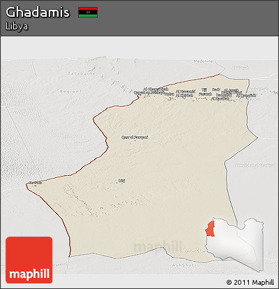 Shaded Relief Panoramic Map of Ghadamis, lighten, semi-desaturated