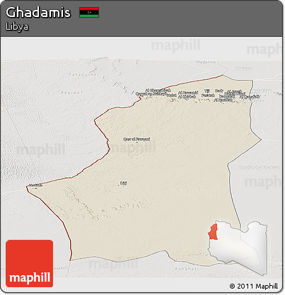 Shaded Relief Panoramic Map of Ghadamis, lighten, semi-desaturated
