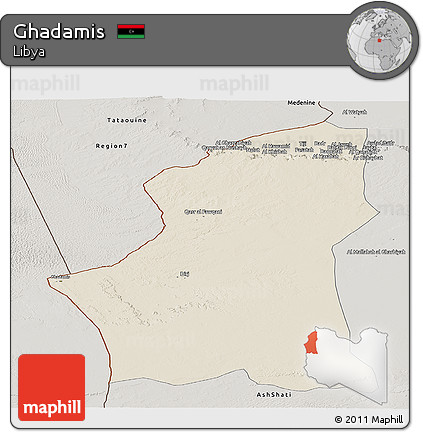 Shaded Relief Panoramic Map of Ghadamis, semi-desaturated