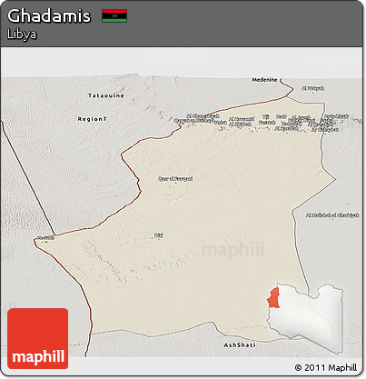 Shaded Relief Panoramic Map of Ghadamis, semi-desaturated