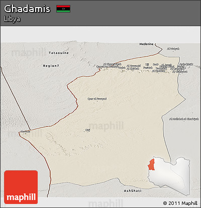 Shaded Relief Panoramic Map of Ghadamis, semi-desaturated