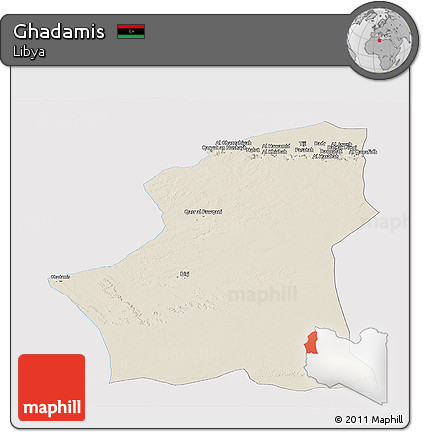 Shaded Relief Panoramic Map of Ghadamis, single color outside