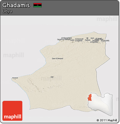 Shaded Relief Panoramic Map of Ghadamis, single color outside