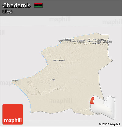 Shaded Relief Panoramic Map of Ghadamis, single color outside