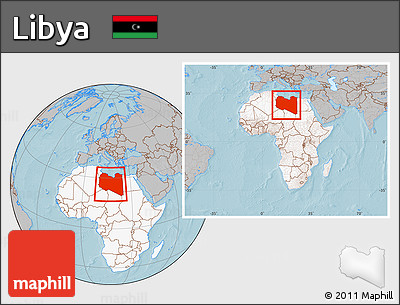 Gray Location Map of Libya, highlighted continent, within the entire continent, hill shading