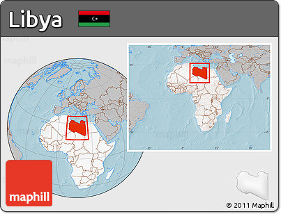 Gray Location Map of Libya, highlighted continent, within the entire continent, hill shading