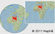 Savanna Style Location Map of Libya, within the entire continent, hill shading