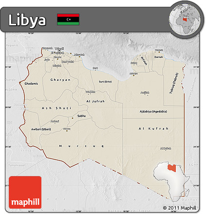 Shaded Relief Map of Libya, lighten, desaturated