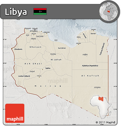 Shaded Relief Map of Libya, lighten, semi-desaturated