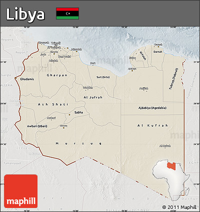 Shaded Relief Map of Libya, lighten, semi-desaturated