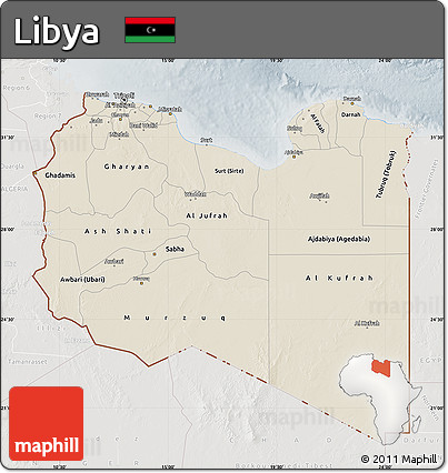 Shaded Relief Map of Libya, lighten, semi-desaturated