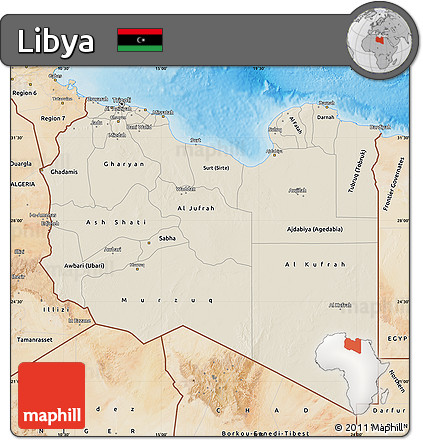 Shaded Relief Map of Libya, satellite outside, shaded relief sea