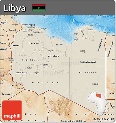 Shaded Relief Map of Libya, satellite outside, shaded relief sea