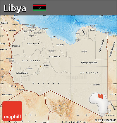 Shaded Relief Map of Libya, satellite outside, shaded relief sea