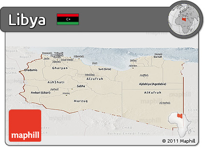 Shaded Relief Panoramic Map of Libya, lighten, semi-desaturated