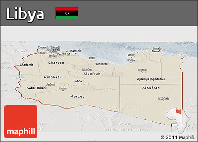 Shaded Relief Panoramic Map of Libya, lighten, semi-desaturated
