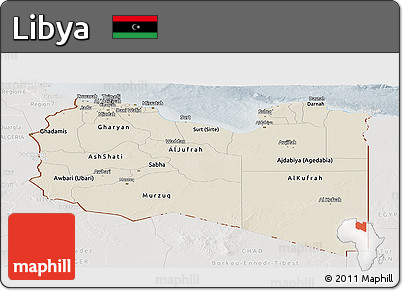 Shaded Relief Panoramic Map of Libya, lighten, semi-desaturated