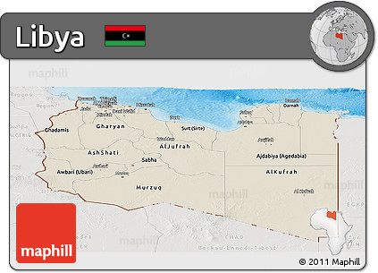 Shaded Relief Panoramic Map of Libya, lighten, semi-desaturated, land only