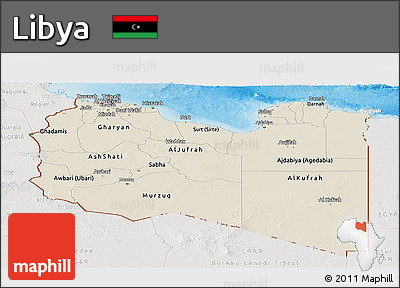 Shaded Relief Panoramic Map of Libya, lighten, semi-desaturated, land only