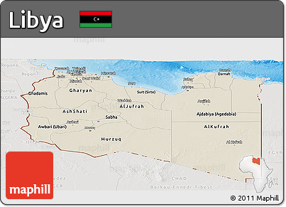 Shaded Relief Panoramic Map of Libya, lighten, semi-desaturated, land only
