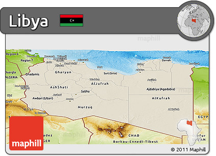 Shaded Relief Panoramic Map of Libya, physical outside