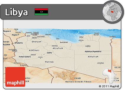 Shaded Relief Panoramic Map of Libya, satellite outside, shaded relief sea