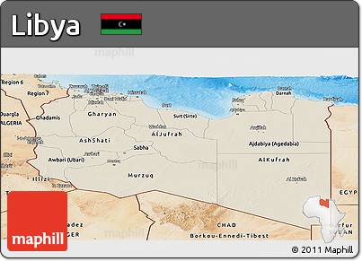 Shaded Relief Panoramic Map of Libya, satellite outside, shaded relief sea