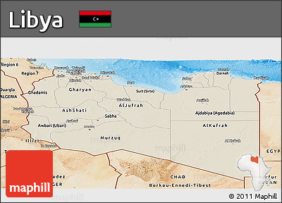 Shaded Relief Panoramic Map of Libya, satellite outside, shaded relief sea