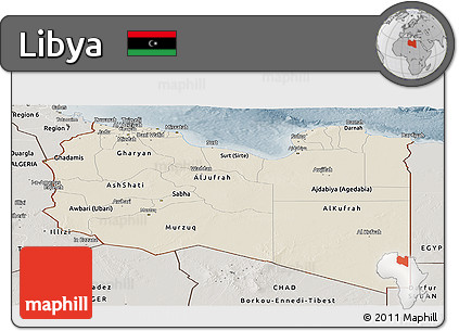 Shaded Relief Panoramic Map of Libya, semi-desaturated