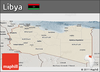 Shaded Relief Panoramic Map of Libya, semi-desaturated