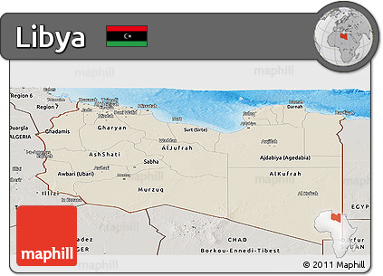 Shaded Relief Panoramic Map of Libya, semi-desaturated, land only